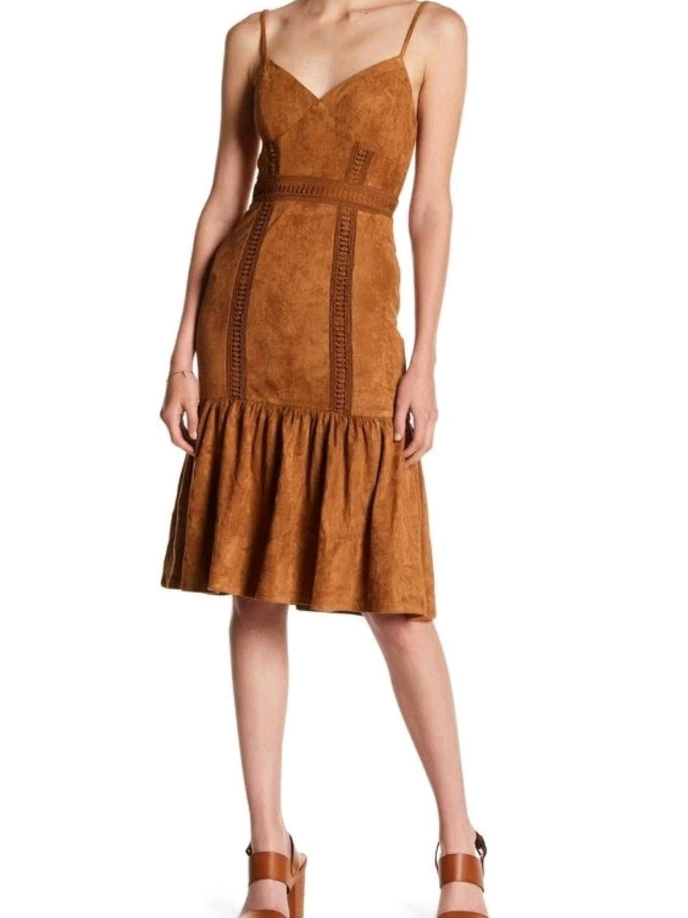 A. Calin By Flying Tomato Sz M Camel Faux Suede Crochet Midi Boho Dress